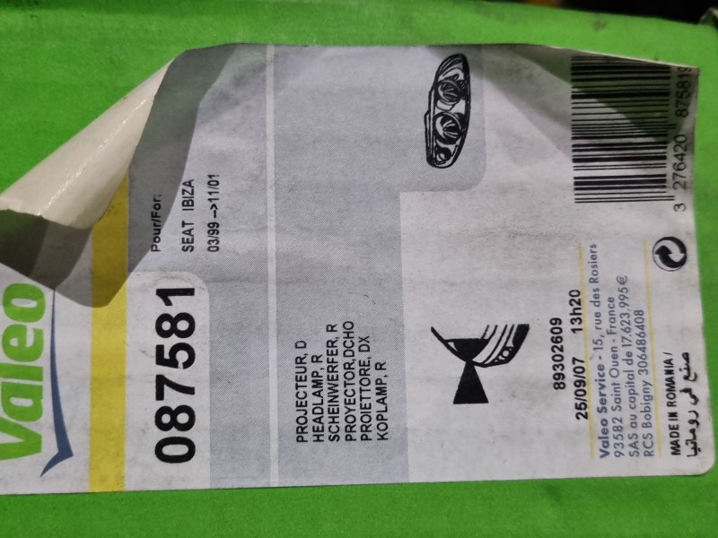 Recambio de faro derecho para seat ibiza (6k1) 1.0 referencia OEM IAM 087581 89302609 